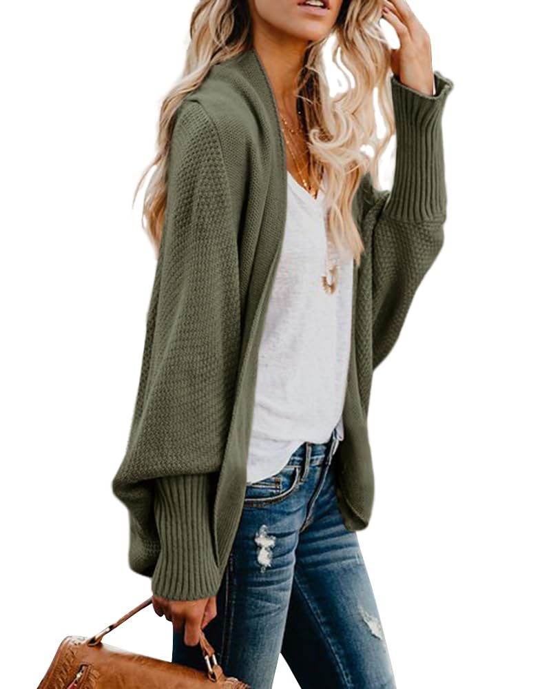 Mafulus Women's Cardigan Sweaters Oversized Chunky Knit Kimono Slouchy Wrap Batwing Open Front Outwear Coat Army Green - Image 1
